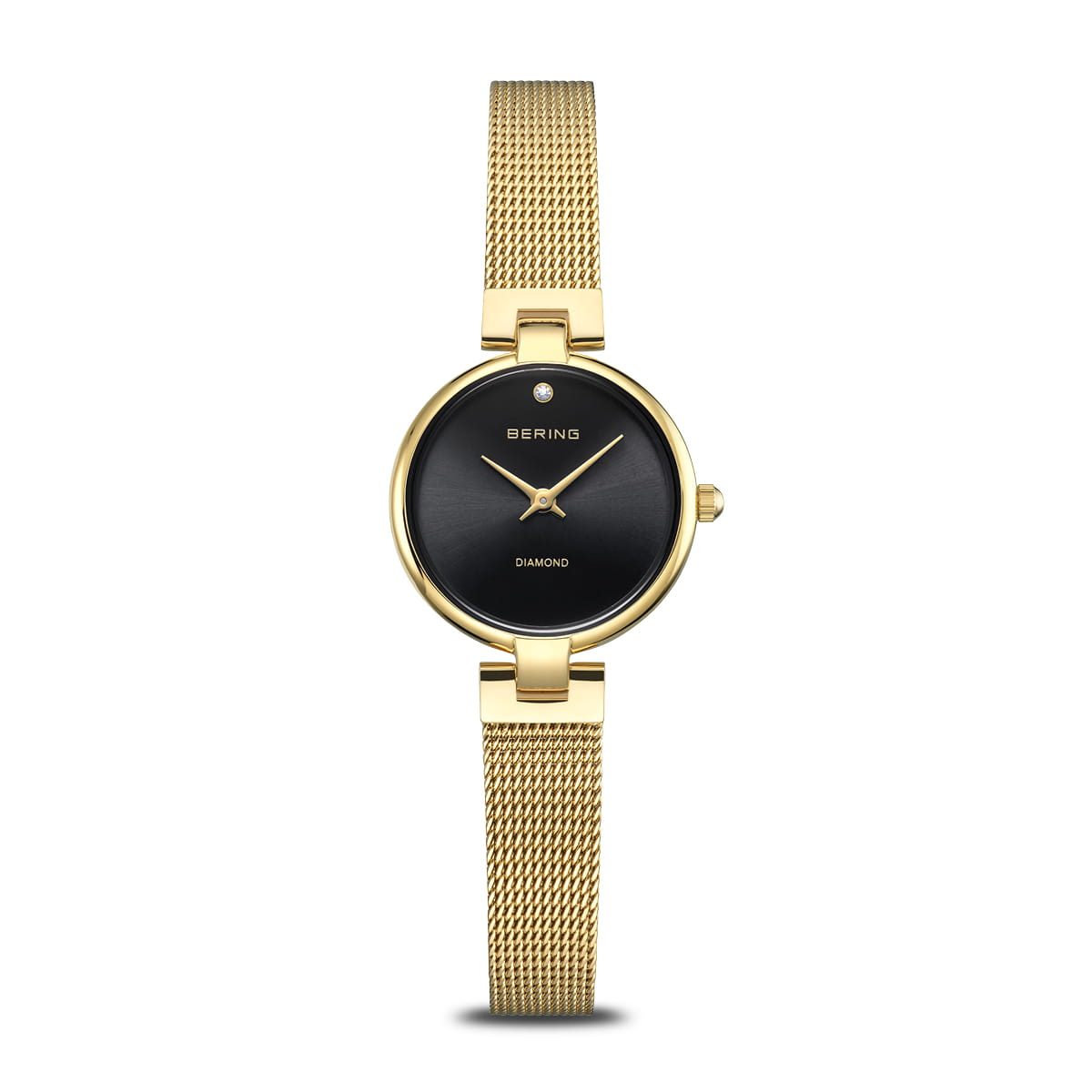 Damenuhr mit goldfarbenem Milanaise-Armband, schwarzem Zifferblatt, Bering