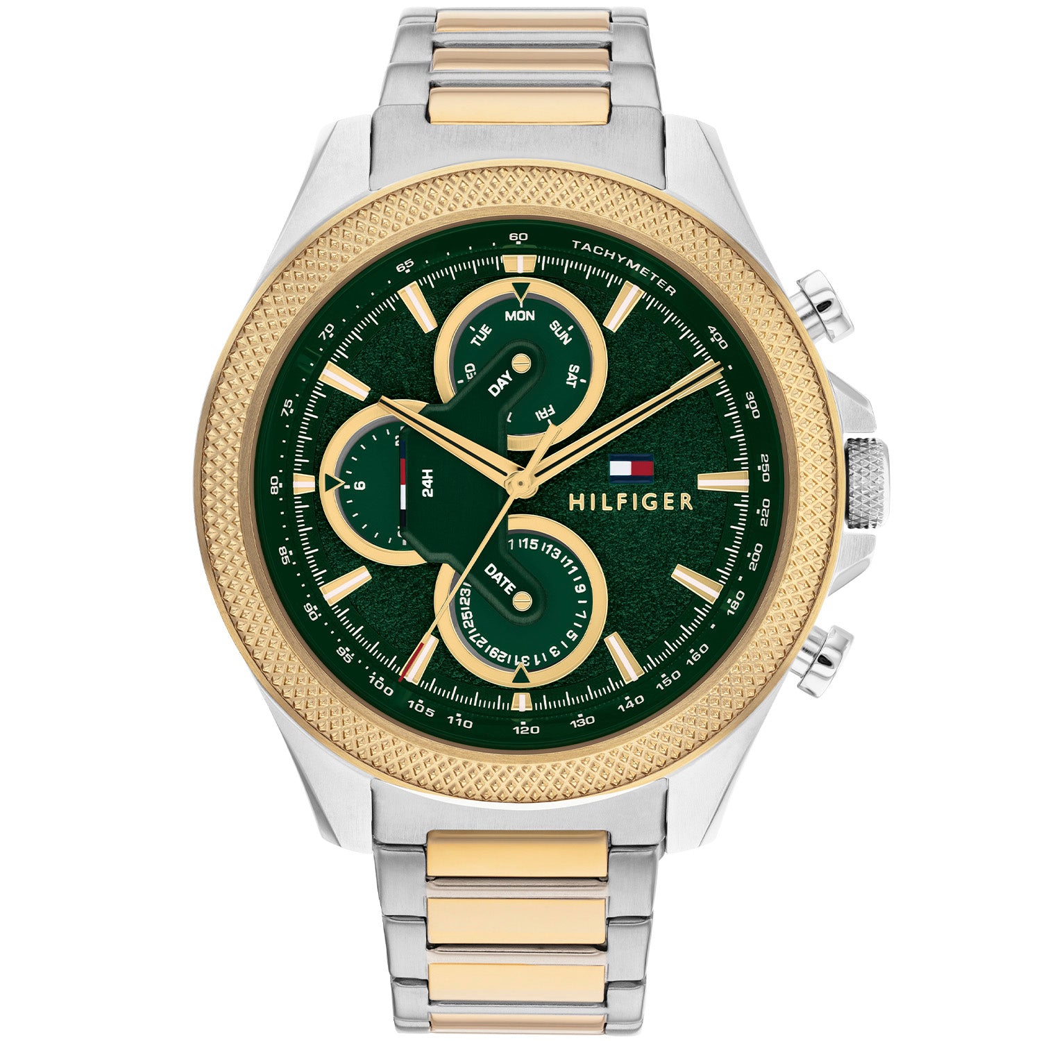Tommy Hilfiger Bicolor Herrenuhr mit grünem Zifferblatt, Chronograf-Subdials und Datum