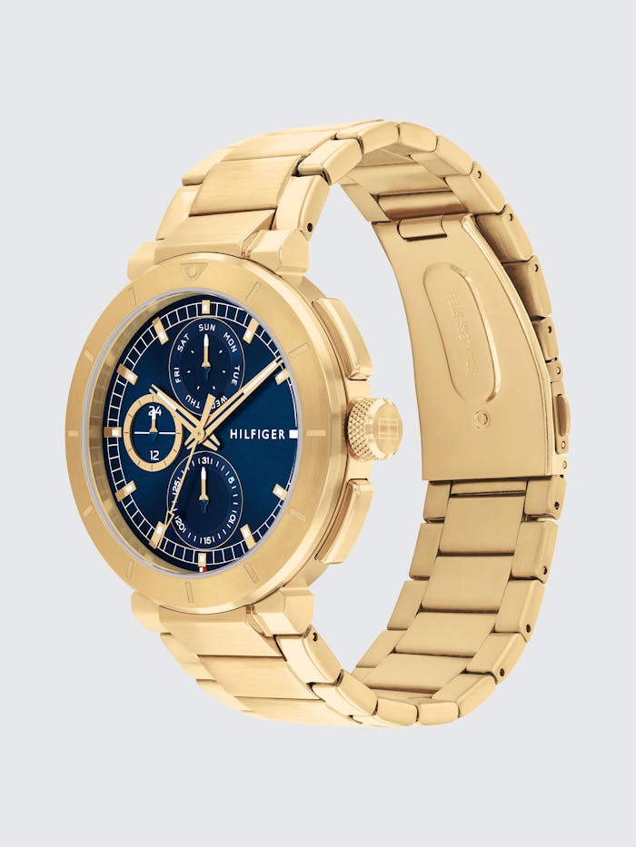 Tommy Hilfiger Herren-Armbanduhr mit blauem Zifferblatt und goldenem Edelstahlarmband