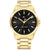 Herrenarmbanduhr mit goldfarbenem Metallarmband und schwarzem Zifferblatt mit Strichindizes