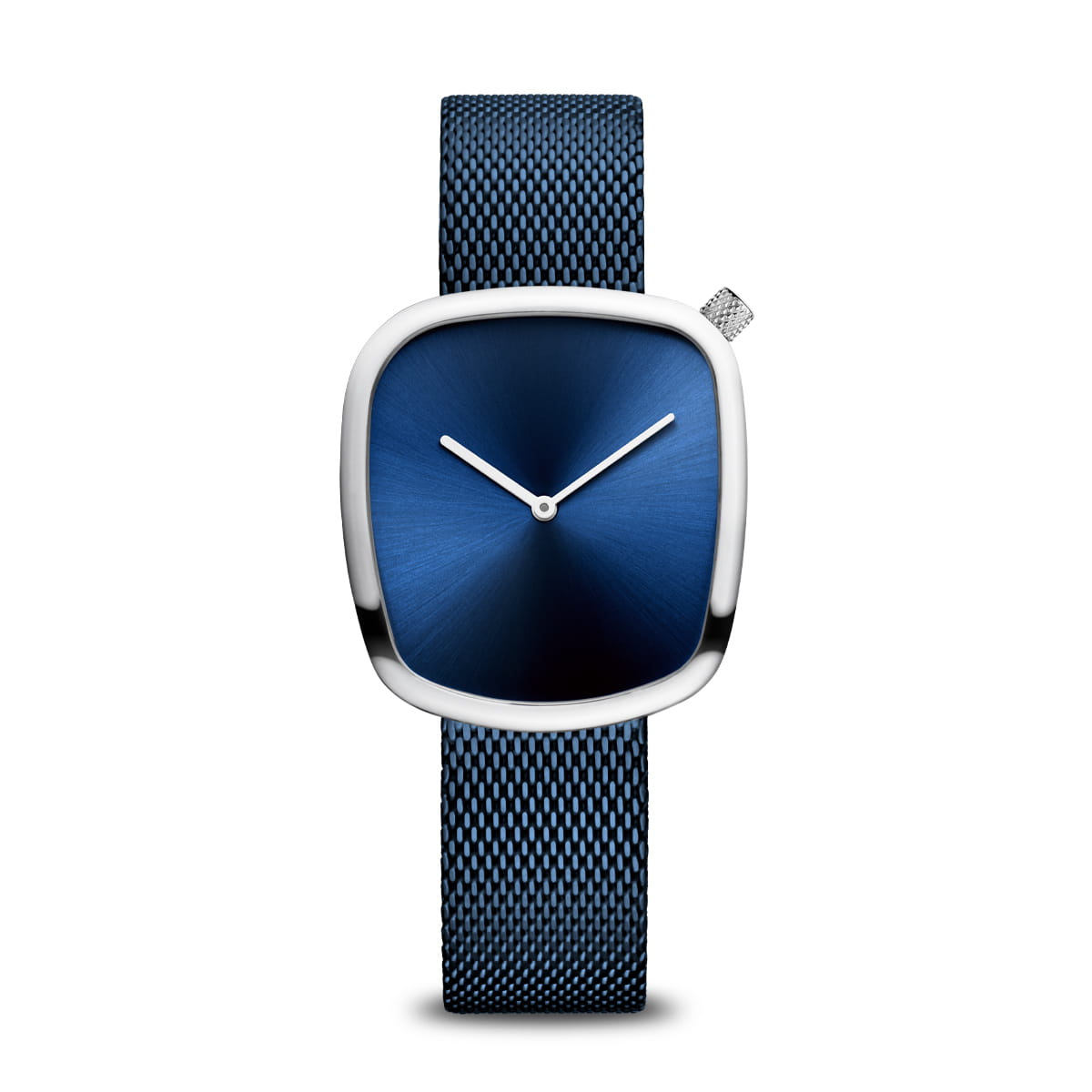Damenarmbanduhr mit blauem Zifferblatt, silbernem Gehäuse und blauem Milanaise-Armband