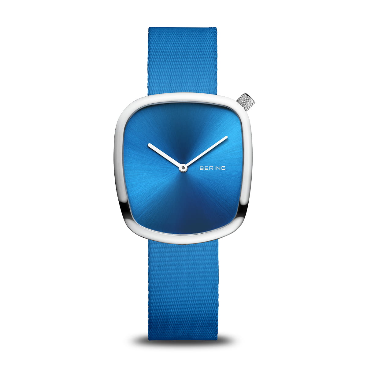 Damenuhr mit blauem Zifferblatt und blauem Textilarmband, silbernes Gehäuse, BERING.