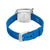 Damenuhr mit blauem Textilarmband und Edelstahlgehäuse, Rückseite mit Gravur, Bandstifte sichtbar.