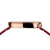 Bering Damenarmbanduhr Seitenansicht mit roségoldfarbenem Gehäuse und rotem Armband