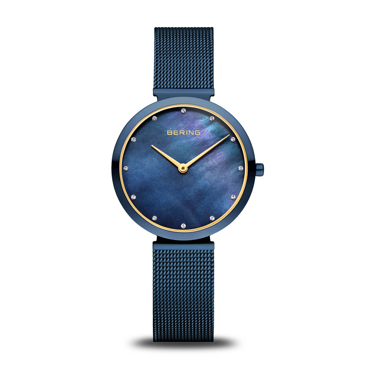Bering Damenuhr mit blauem Zifferblatt, goldfarbenen Zeigern und Milanaise-Armband
