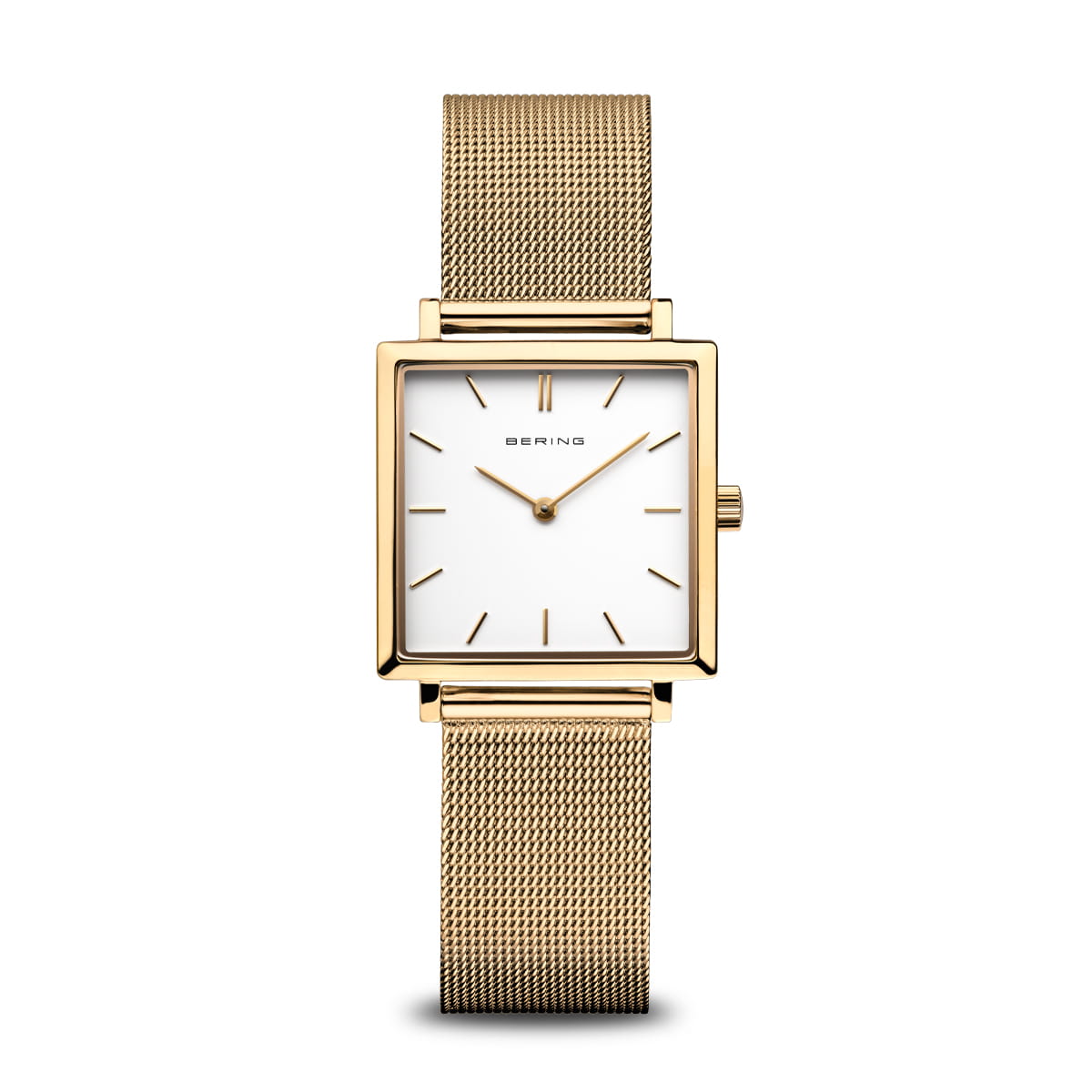 Bering Damenuhr mit goldfarbenem Milanaise-Armband und eckigem Saphirglasgehäuse, weißes Zifferblatt