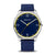 Silberne Herren-Armbanduhr mit blauem Zifferblatt, gelben Akzenten und blauem Textilarmband