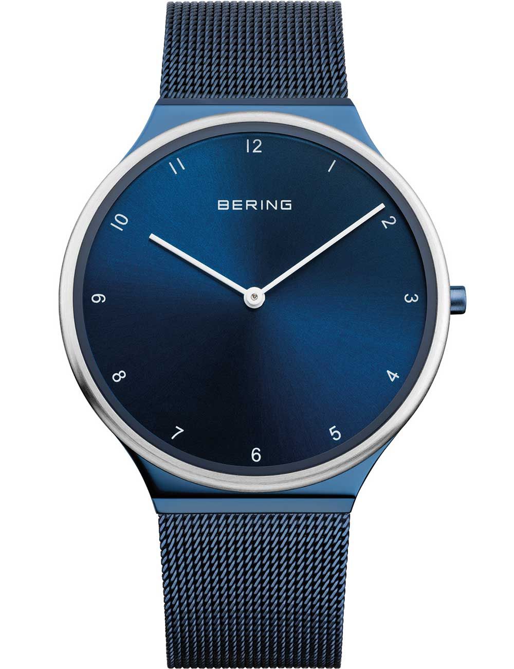Herren-Uhr mit blauem Zifferblatt und silbernem Gehäuse, Metall-Meshband