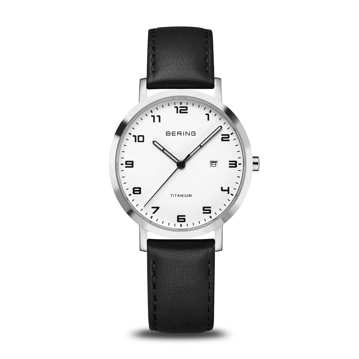 Damenuhr mit schwarzem Lederarmband und silberfarbenem Titangehäuse, weißem Zifferblatt