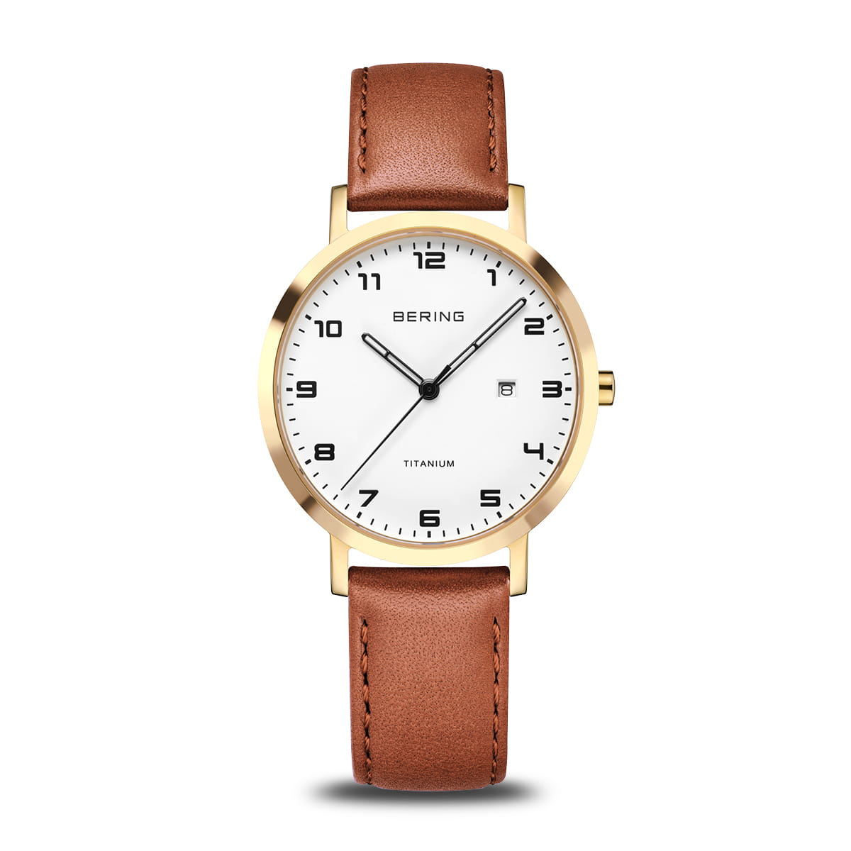 Damenuhr mit goldfarbenem Gehäuse, weißem Zifferblatt und braunem Lederarmband