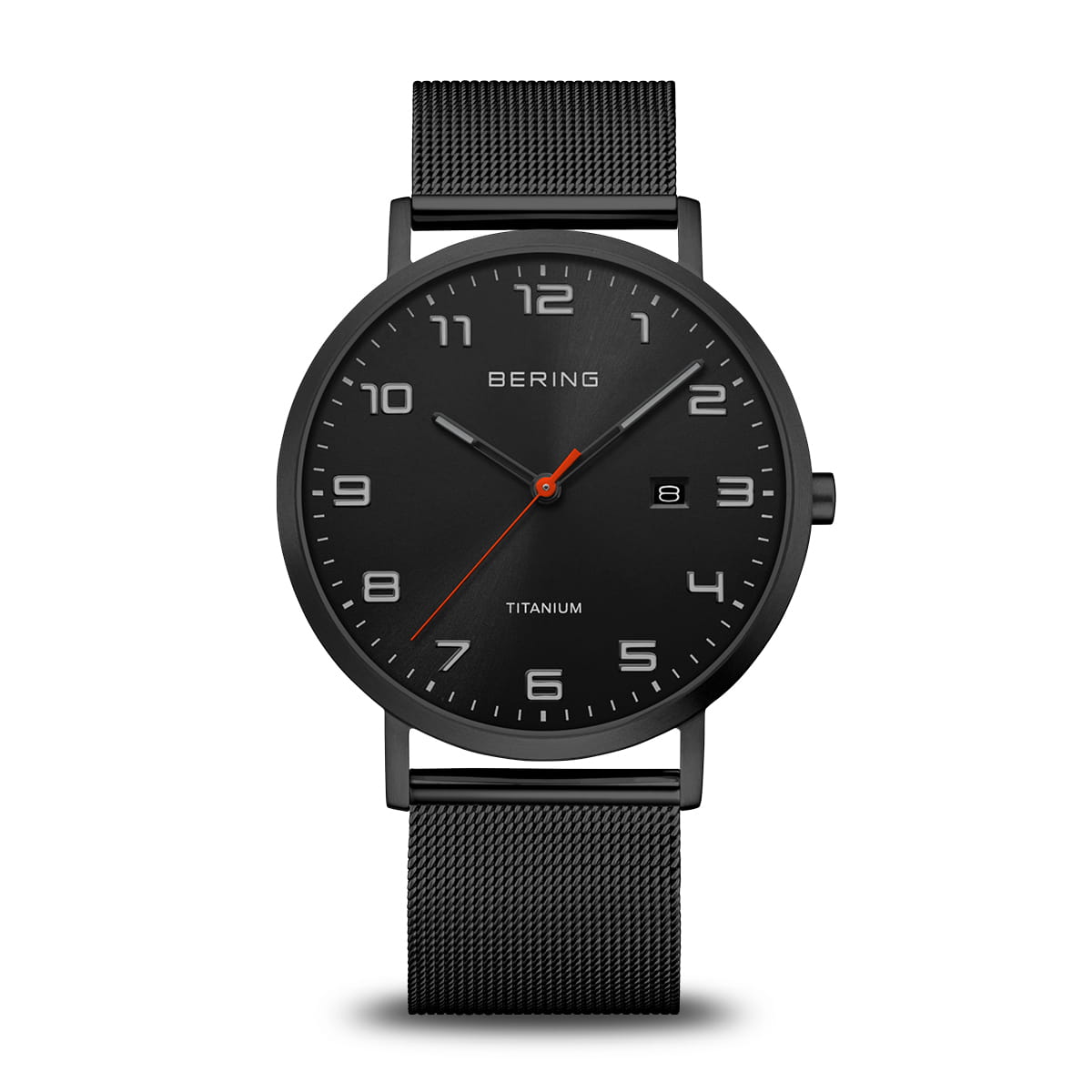 Herrenarmbanduhr mit schwarzem Zifferblatt und Milanaiseband, rundes Titan-Gehäuse