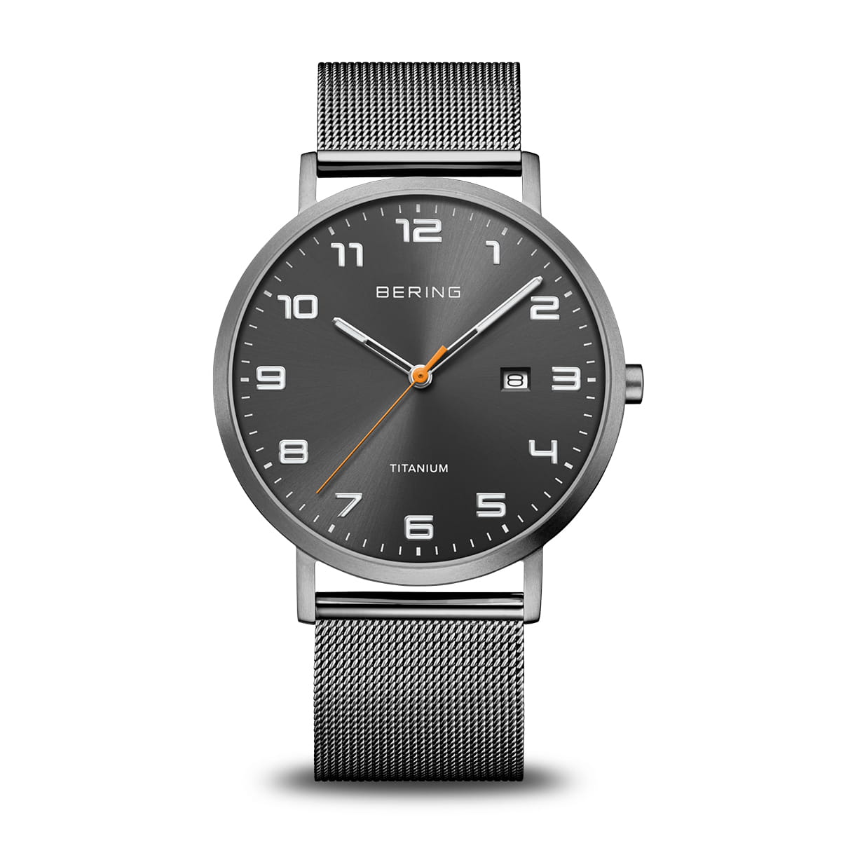 Herrenarmbanduhr von Bering mit Titan-Gehäuse, dunkelgrauem Zifferblatt und Metallband