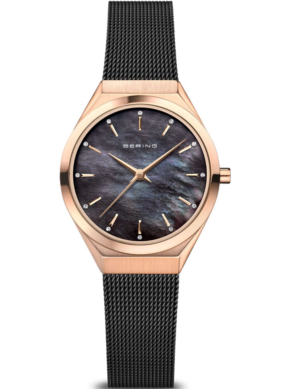 Damenarmbanduhr mit schwarzem Milanaise-Armband, roségoldenem Gehäuse und schwarzem Zifferblatt