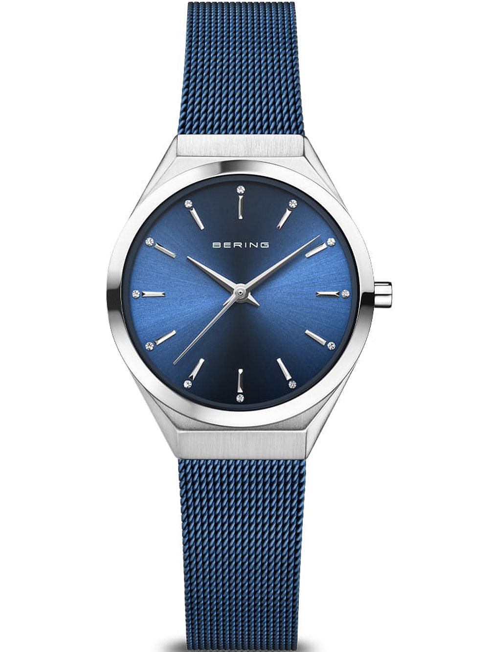 Damenarmbanduhr mit blauem Zifferblatt und silbernem Milanaise-Armband von Bering