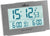 Digital radiostyrd väckarklocka med blå LCD-display, grått hölje och larmindikering