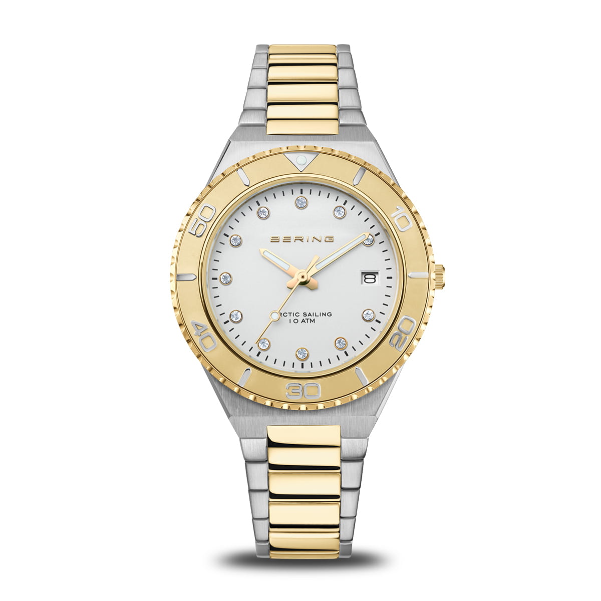 Zweifarbige Damenuhr mit rundem Zifferblatt und Metallarmband, Gold und Silber