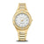 Damenuhr mit goldenem Metallarmband und rundem weißem Zifferblatt