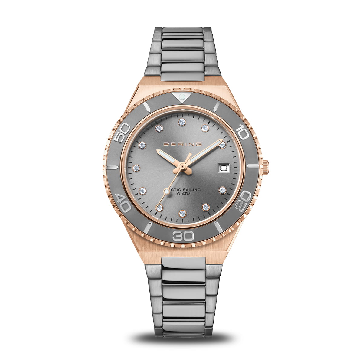 Bering Classic Damenuhr mit grauem Zifferblatt, roségoldener Lünette und silberfarbenem Edelstahlband