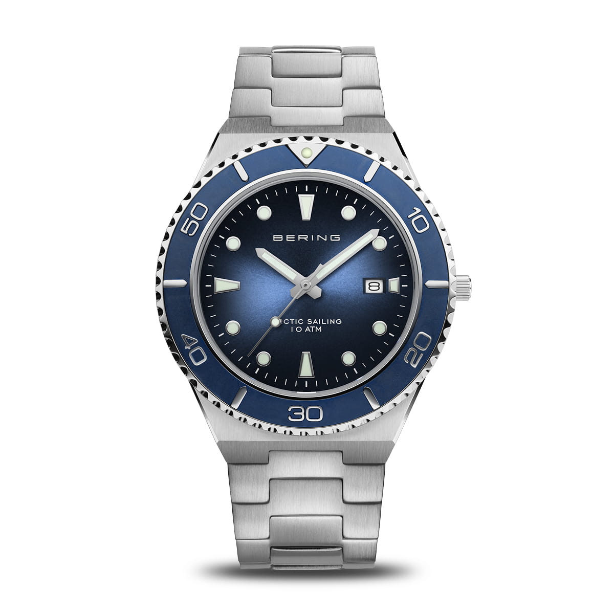 Bering Sport-Herrenuhr mit blauem Zifferblatt, silberner Lünette und Metallarmband