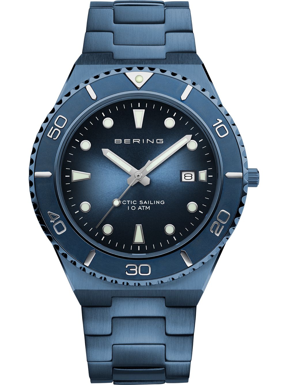 Bering Herrenarmbanduhr mit blauem Zifferblatt, Stabindizes und blauem Metallarmband