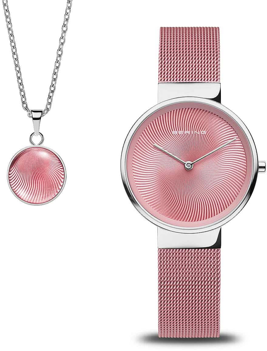 Damklocka med rosa urtavla och rosa mesharmband, plus halsbandshänge