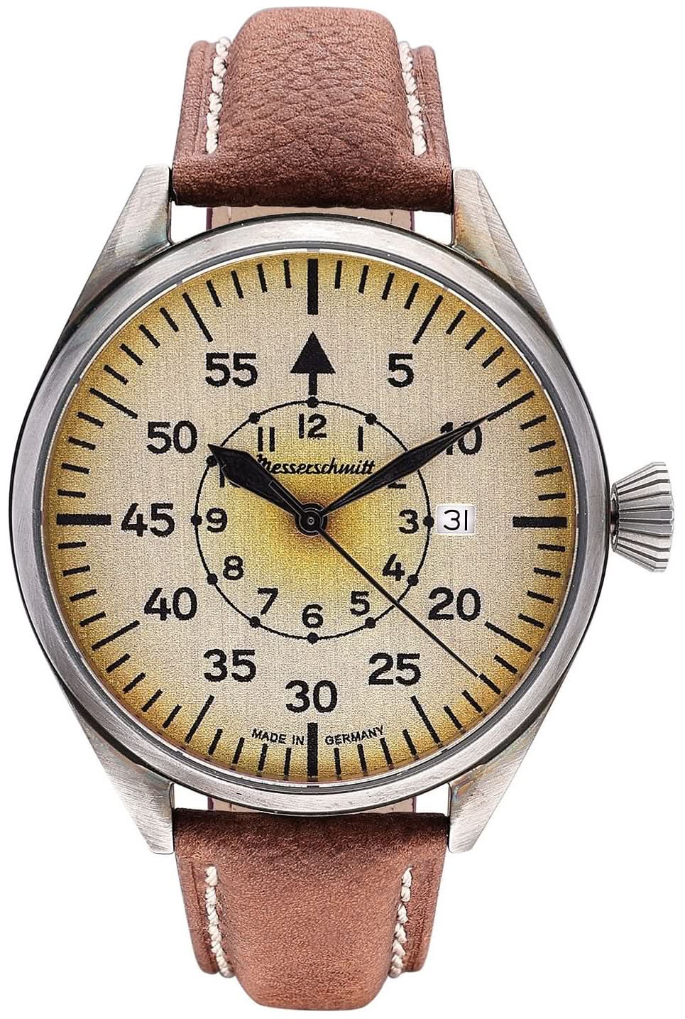 Messerschmitt herrur med brunt läderarmband, runt metallhölje och gul urtavla