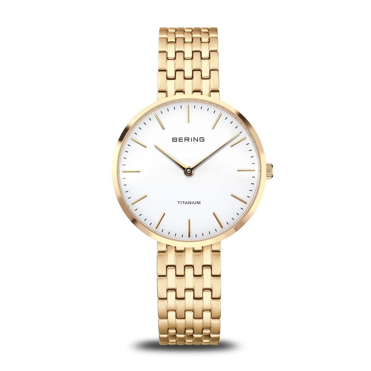 Bering Damenuhr mit goldfarbenem Titan-Gliederarmband und weißem Zifferblatt