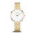 Bicolor-Damenuhr mit goldenem Metallarmband und weißem Zifferblatt, Titangehäuse.
