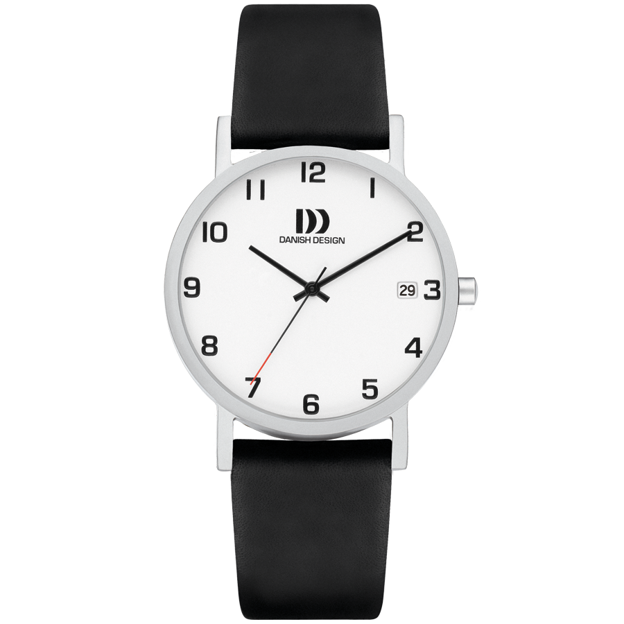 Silberne Herrenarmbanduhr mit schwarzem Lederband, weißem Ziffernblatt und arabischen Ziffern