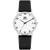 Silberne Herrenarmbanduhr mit schwarzem Lederband, weißem Ziffernblatt und arabischen Ziffern