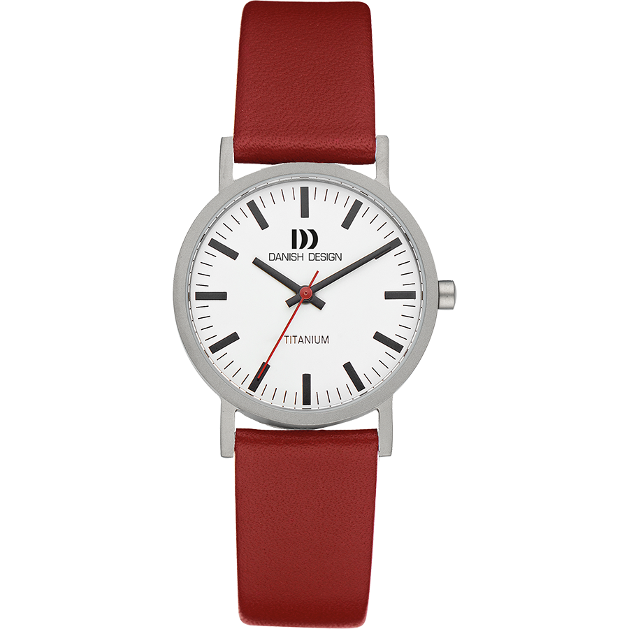 Damenuhr Danish Design mit rotem Lederarmband, weißem Zifferblatt und Titan-Gehäuse