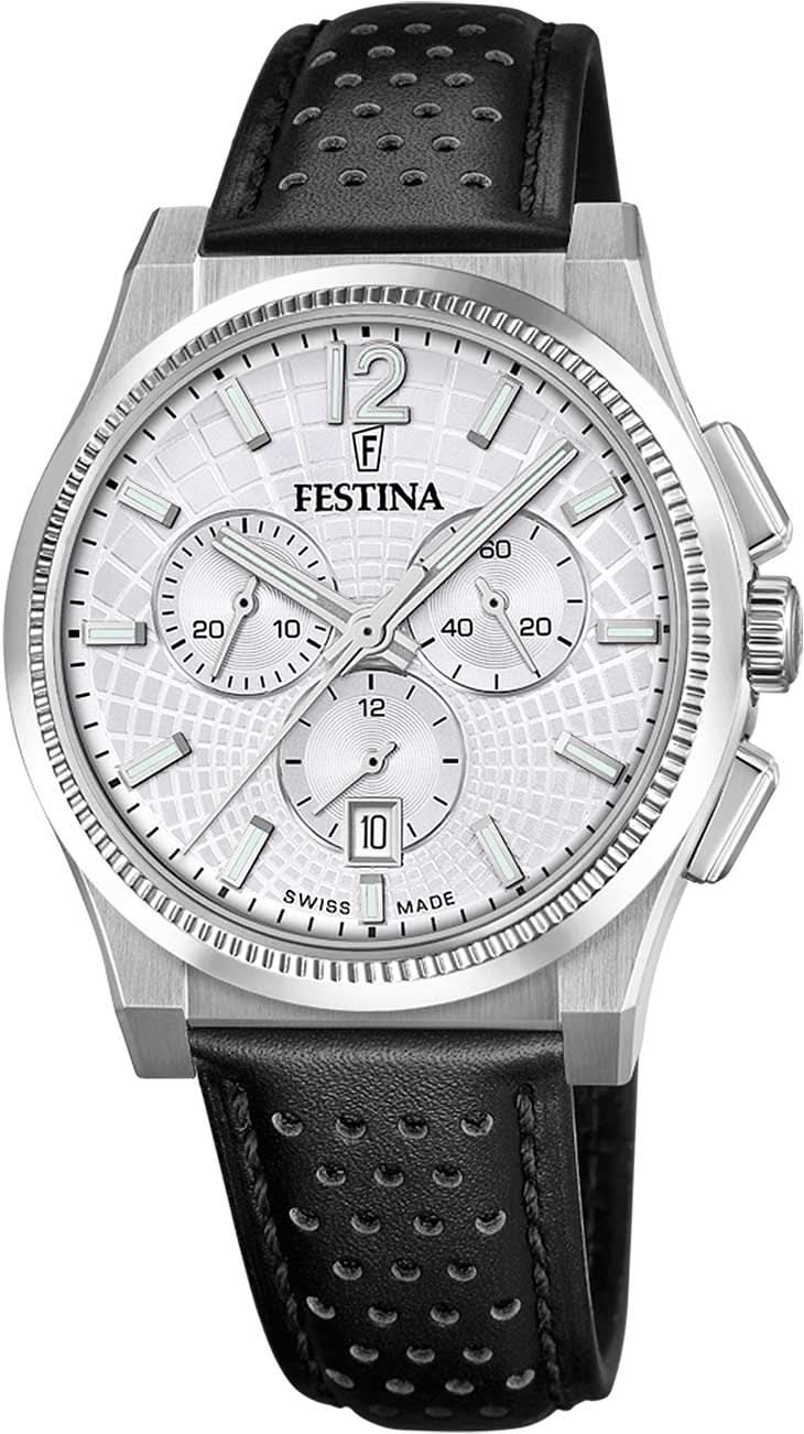 Festina herrklocka: boett i silver, vit kronografurtavla, svart läderarmband