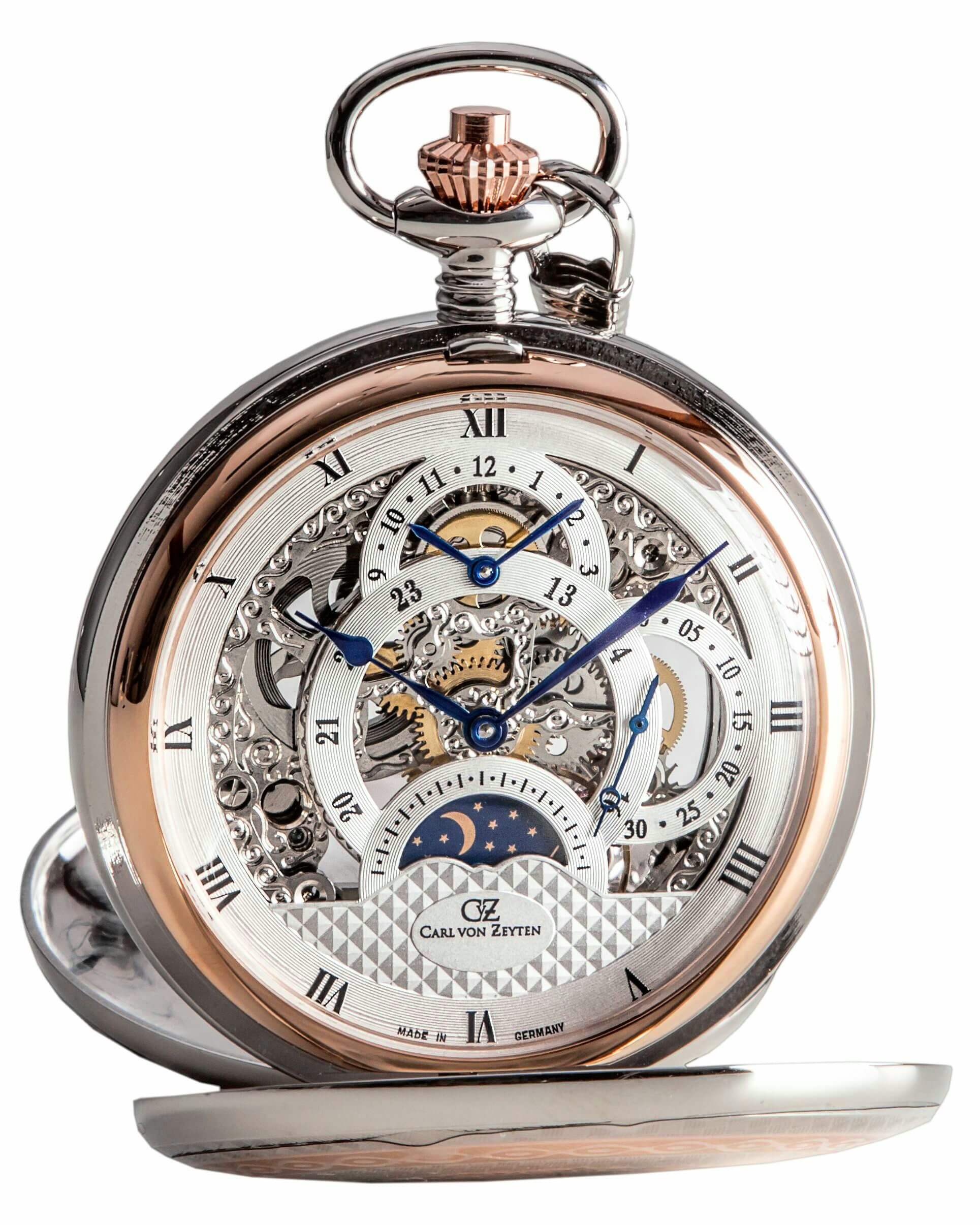 Bicolor Taschenuhr mit skelettiertem Uhrwerk, silbernes Gehäuse, Roséakzente