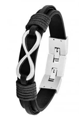 Armband i svart läder med silverfärgad lås och rektangulära detaljer