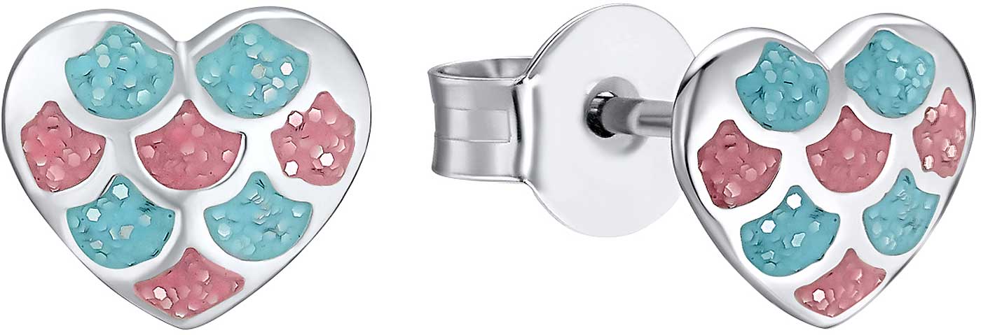 Hjärtörhängen med turkosa och rosa emaljerade hjärtan, silverfärgad infattning