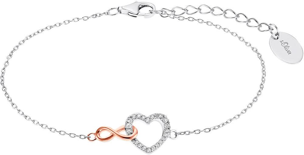 Armband i silverfärg med infinityhjärta och stenar, roséguld färgad rosett