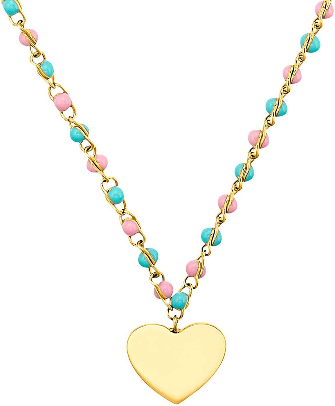 Färgglatt halsband med hjärthänge, guldfärgat kedja och rosa/turkosa pärlor