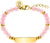 Armband med rosa kvarts-pärlor och guldfärgad gravyrbricka