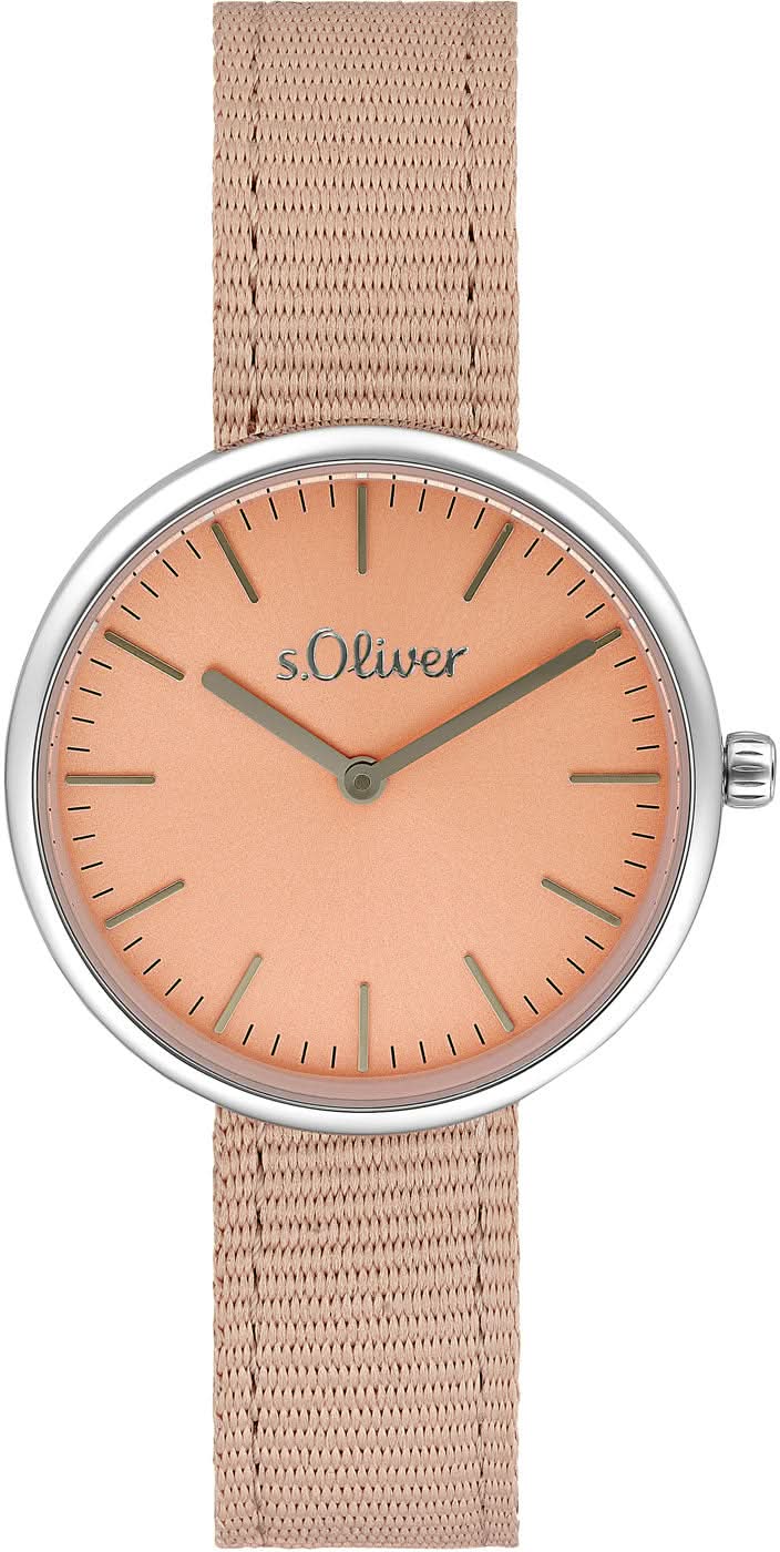 "Damklocka med silverfärgat hölje, beige meshband och rosafärgad urtavla"