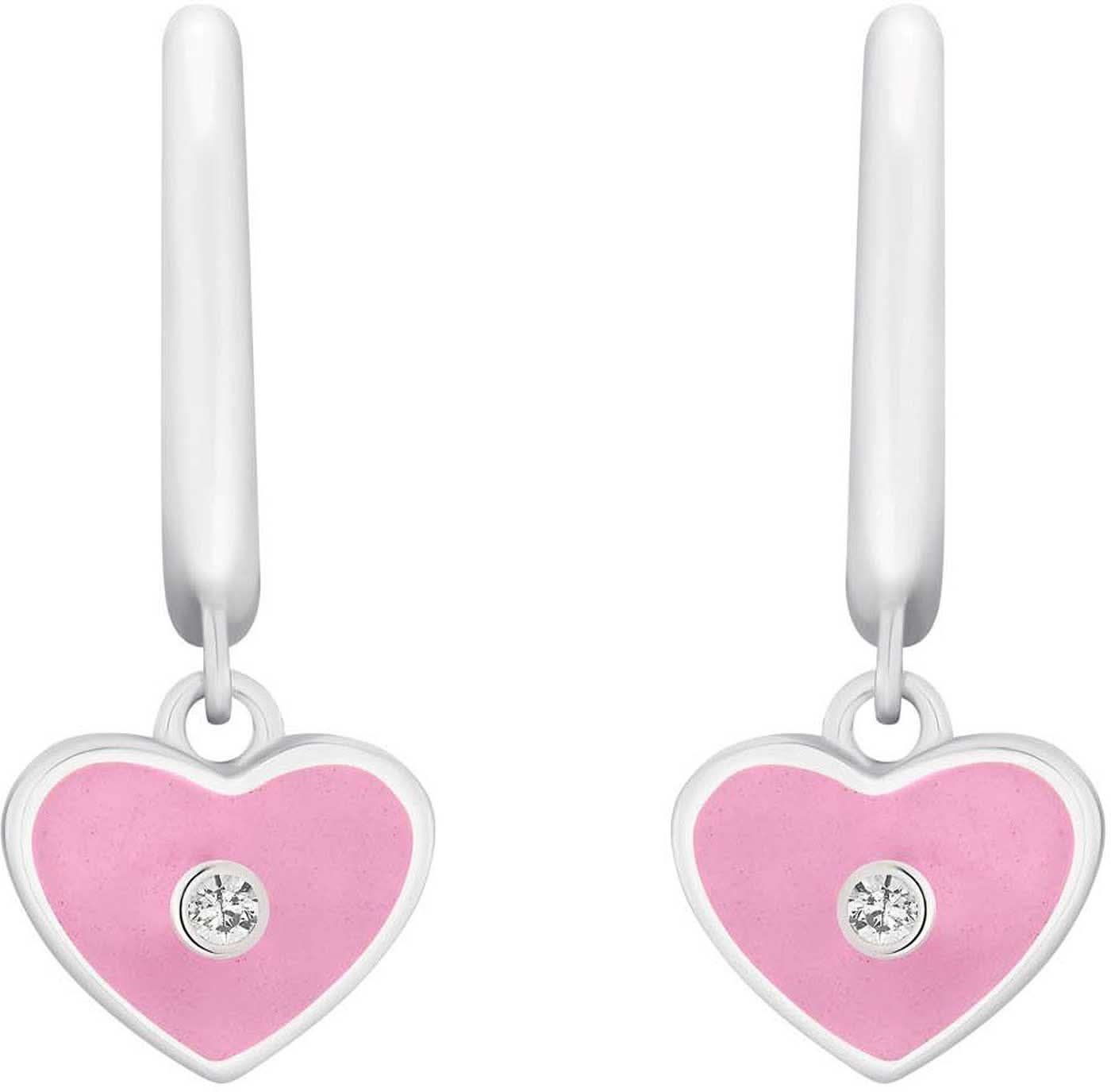 Hjärtformade örhängen med rosa emalj, silverfärgad kant och gnistrande sten