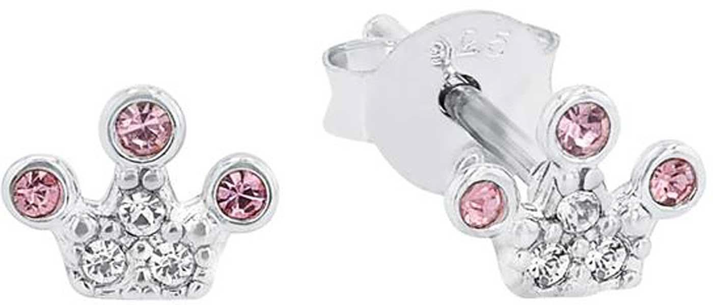 Silverfärgade örhängen med krona och rosa samt klara stenar