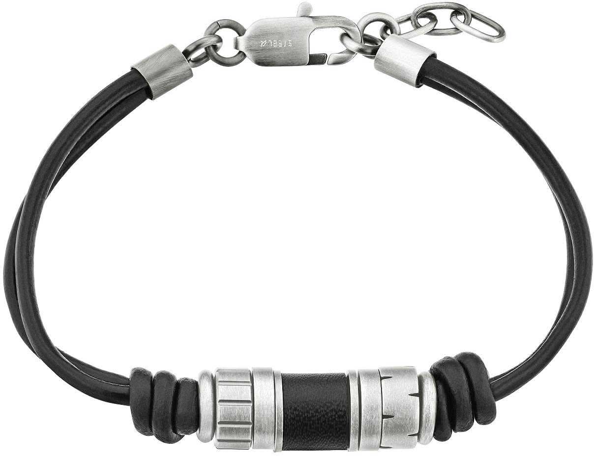 Läderarmband med svarta pärlskivor och metallelement, kedjelås