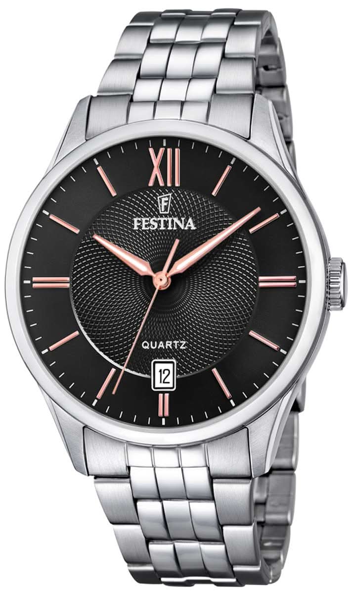 Festina herrarmbandsur med rostfritt stålband, svart urtavla och tidsvisning