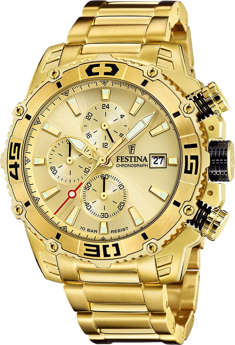 Guldpläterad kronografklocka med beige urtavla och metallarmband