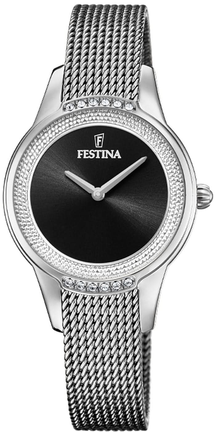"Festina damklocka med svart urtavla och silverfärgat meshband i rostfritt stål"