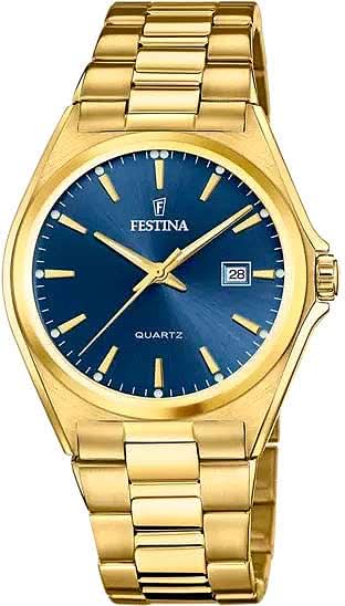 Festina herrur med blå urtavla och guldfärgat armband i rostfritt stål, analog visning