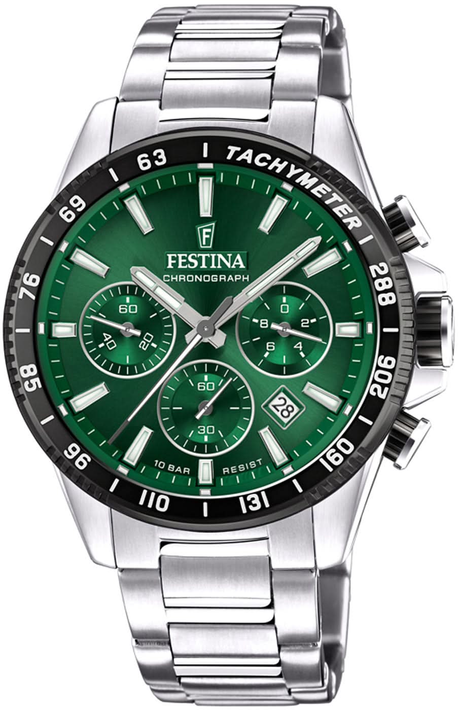 Festina Chronograph herrklocka med grön urtavla och armband i rostfritt stål