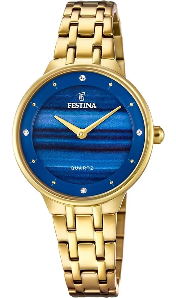 Festina damklocka med gyllene Milanese-band och blå urtavla, kvarts