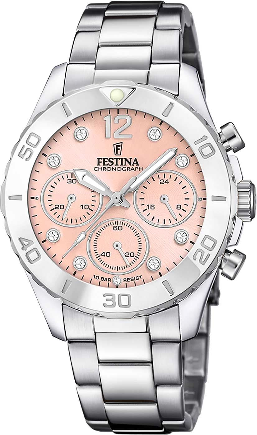 Festina damklocka: rosafärgad urtavla, armband i rostfritt stål, kronograf
