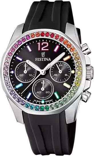 Festina damklocka med svart urtavla, kronograf-subdials, regnbågsfärgad boettring och svart silikonarmband.